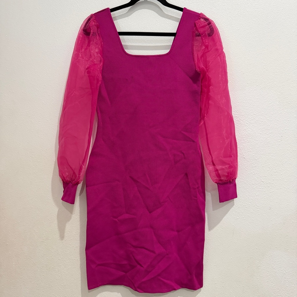 House of Harlow 1960 Hot Pink Bodycon Dress Sheer Puff Sleeve Square Neck Mini